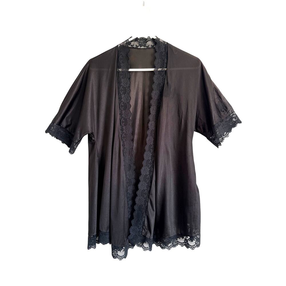 Lady Cameo Black Short Sleeve Satin Cardigan Robe Lace Trim OS Dark Romantic